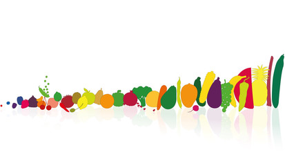 Vegetables and fruits in single file. Illustration over white background.