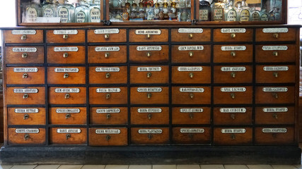 Apothecary wood chest with drawers in old pharmacy