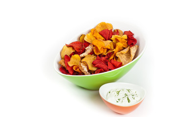 Vegetable Chips Exotic Blend. Selective focus.