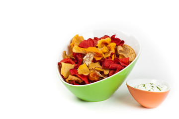 Vegetable Chips Exotic Blend. Selective focus.