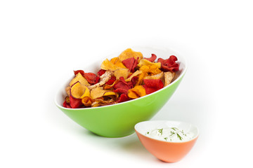 Vegetable Chips Exotic Blend. Selective focus.