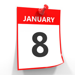 8 january calendar sheet with red pin.