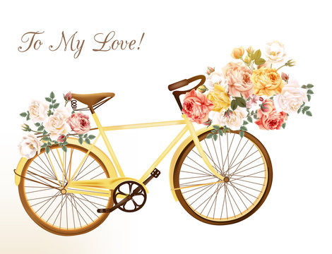 Cute vector invitation with yellow bicycle and flowers
