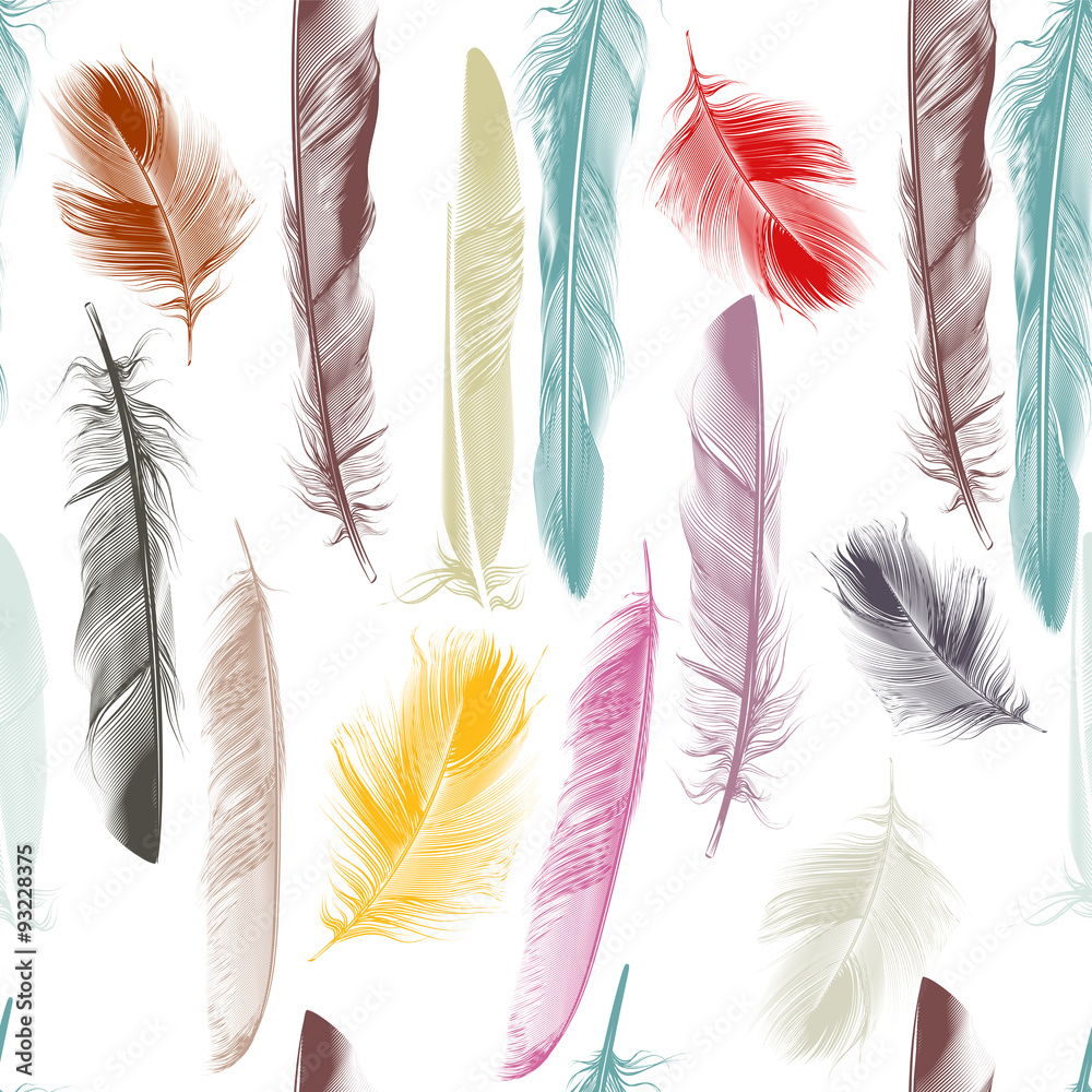 Poster Vector seamless pattern with bird feathers in pastel colors engr