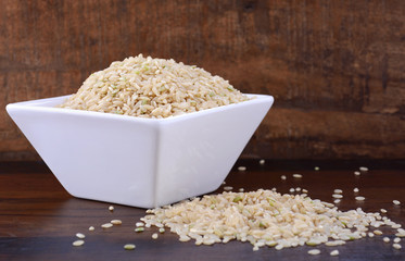 Square bowl of uncooked rice