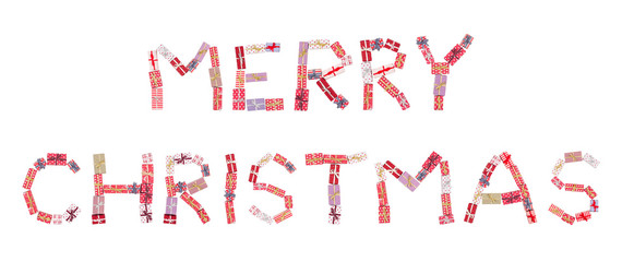 The text Merry Christmas, consisting of Christmas presents.