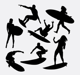 surfer male and female sport activity silhouettes. Good use for symbol, logo, avatar, mascot, or any design you want. Easy to use. - obrazy, fototapety, plakaty