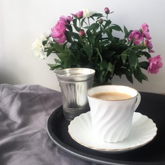 morning,flower, flowers, peonies, silver, bowl, coffe, porcelain, tray, bed