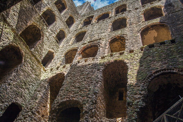 ROCHESTER, UK - MAY 16, 2015: Rochester Castle 12th-century. Inside view of castle's ruined palace walls and fortifications © IRStone
