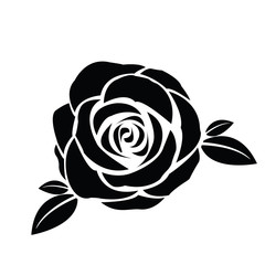 Black silhouette of rose with leaves - obrazy, fototapety, plakaty