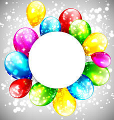 Multicolored inflatable balloons with circle frame on grayscale