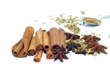 Various spices on a white background