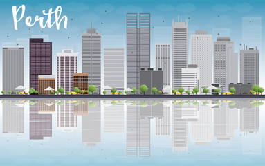 Perth skyline with grey buildings, blue sky and reflection