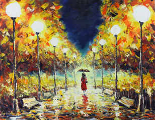 Naklejki  Jesienny spacer po parku nocą, światła, ławki, żółte liście