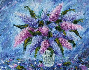 a bouquet of lilacs in a vase, still life, oil painting