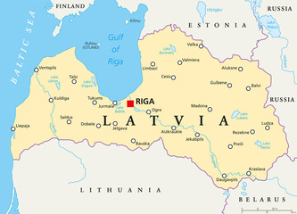 Latvia political map with capital Riga, national borders, important cities, rivers and lakes. English labeling and scaling. Illustration. - obrazy, fototapety, plakaty