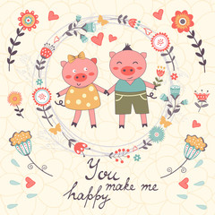 You make me happy romantic card with cute pigs couple