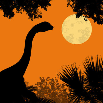 Dinosaur silhouette on beautiful forest