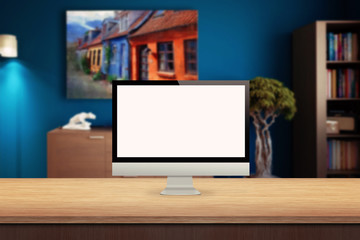 computer monitor on the desk home room interior in the background display mock up