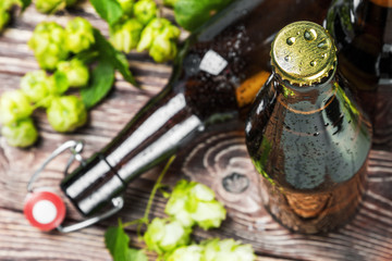 beer bottles and hop on wooden table