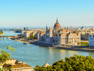 View of Danube River and Hungarian Parliament Building, Budapest, Hungary