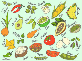 Mexican cuisine food ingredients set vector pattern isolated seamless illustration. Burrito, salsa, tequila.