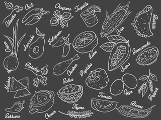 Mexican cuisine food ingredients set vector pattern isolated seamless illustration. Burrito, salsa, tequila.