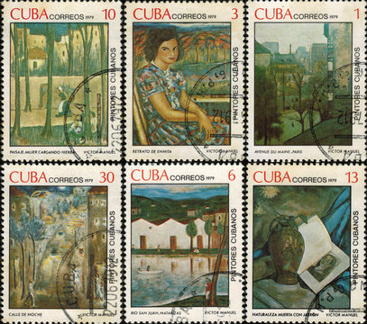 CUBA - CIRCA 1979: A stamp printed in Cuba reproductions of paintings by renowned Cuban artist Victor Manuel Garcia Valdes, circa 1979