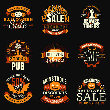 Set of Vintage Happy Halloween Badges, Stickers, Labels. Vector Design Elements for Greetings Card, Party Flyer and Promotional Materials. Vector Illustration