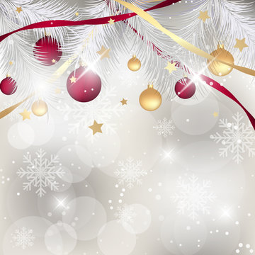 Christmas background with baubles, ribbons and pine needles. Happy New Year vector illustration.