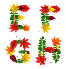 Set of autumn letters composed of beautiful red, yellow, green and orange leaves. Autumn alphabet. E, F, G, H. Set autumn letters. Letters from the leaves.