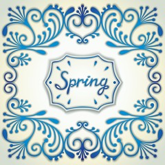 Spring retro design in the style Gzhel ceramics with pattern and label in the center. Vector eps 10
