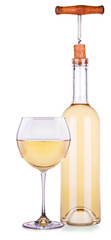 Elegant white wine glass and bottle isolated