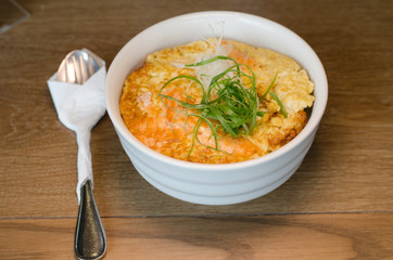 omelet on served steamed rice