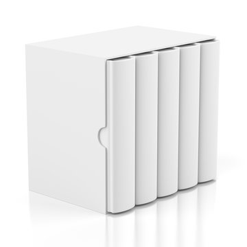 Five books in cardboard box cover on white