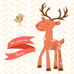 You make me happy romantic card with cute deer and bird.