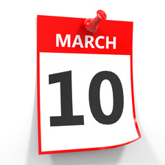 10 march calendar sheet with red pin.