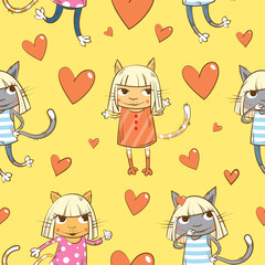 Vector seamless pattern with cartoon cats in dresses and hearts on a yellow  background.