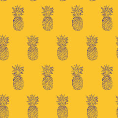 Pineapple Hand drawn sketch, grunge outline vector seamless pattern, sketch drawing illustration print. pop art style colorfull background