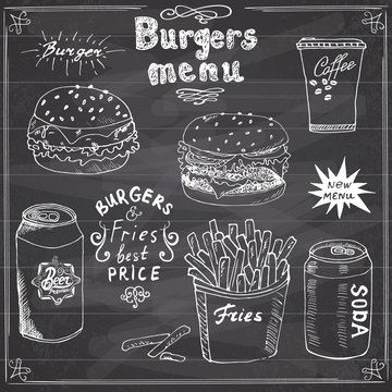 Burger Menu hand drawn sketch. Fastfood Poster with hamburger, cheeseburger, potato sticks, soda can, coffee mug and beer can. Vector illustration with lettering, on Chalkboard