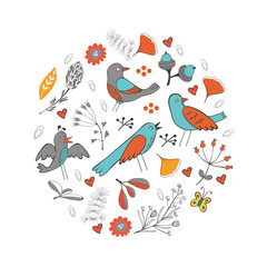 Colorful round composition with birds and flowers