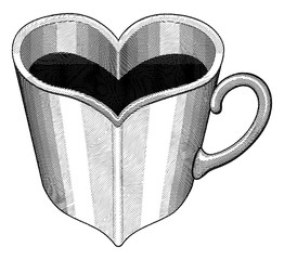 Heart Shaped Cup Engraved Style is an illustration expressing the love of coffee or tea in a graphic engraved style.