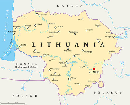 Lithuania political map with capital Vilnius, national borders, important cities, rivers and lakes. English labeling and scaling. Illustration.
