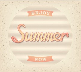 Enjoy summer now poster on beach sand and decorative circle. Vector eps 10 .