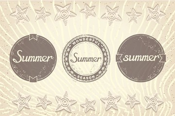 Three round grunge label with inscriptions for summer. Bonus summer beach with sand background. Vector eps 10