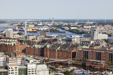 View over Hamburg, Germany to the Speicherstadt