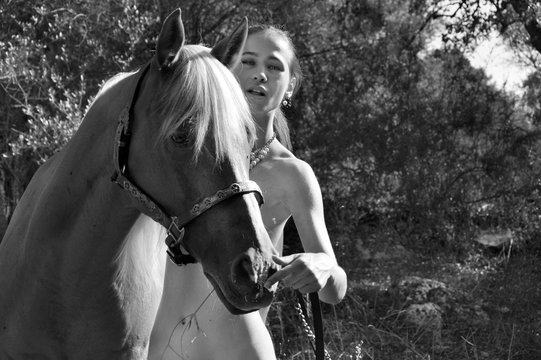 Fototapeta Pretty nude woman and horse 