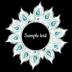 Round frame with white peacock feathers and text