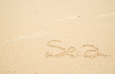 Fototapeta na wymiar sea written in sand on the beach