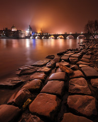 Winter night near Charles Bridge in Prague, Czech republic